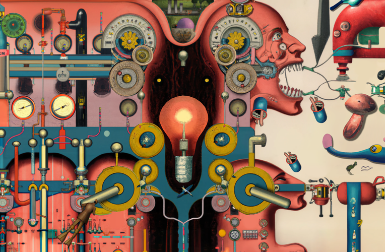 An AI generated image.
                                        The visuals are an amalgamation of machine and human parts, drawn in an old looking, cartoon style.